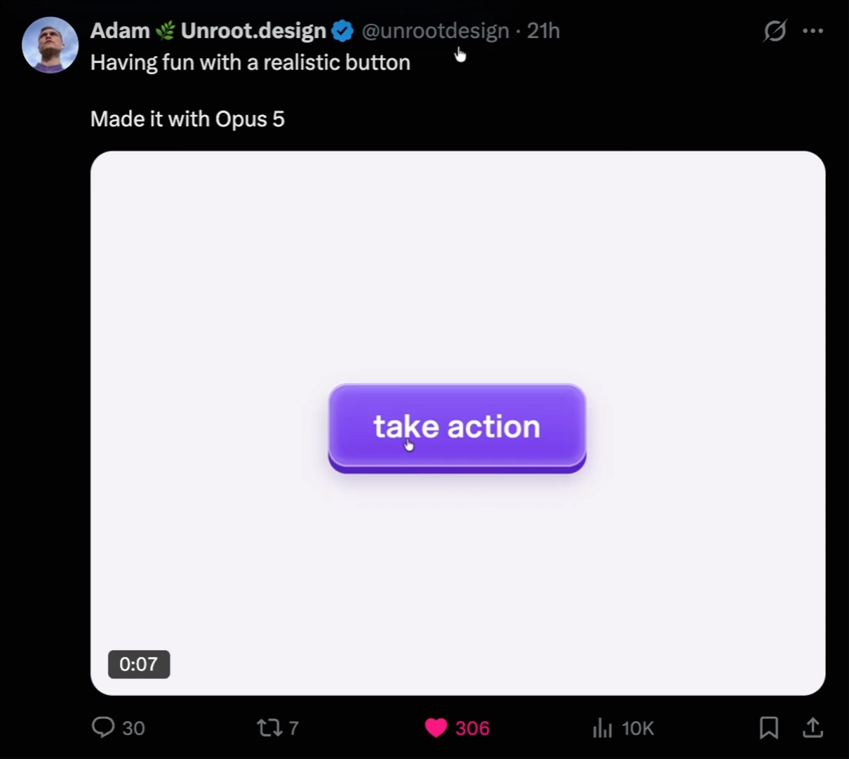 Captured original: a raised purple glass button labeled take action.